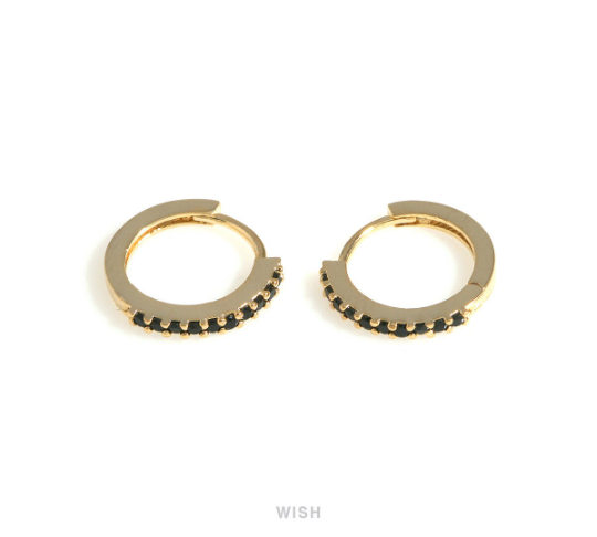 Black Onyx Latch Back Huggie Hoop Earrings in Gold, Black Onyx Huggie Earrings / CG-083-E3