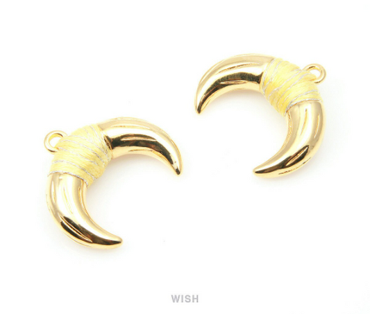 Metal Horn Pendant in Gold with Yellow Strap, 16k Gold Bull's Horn Charm/ MYWG-004-P (Large)