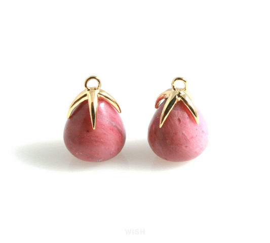 Red Wood Teardrop Gemstone Charm in Gold, Coral Gemstone Pendant / SRWG-105-P