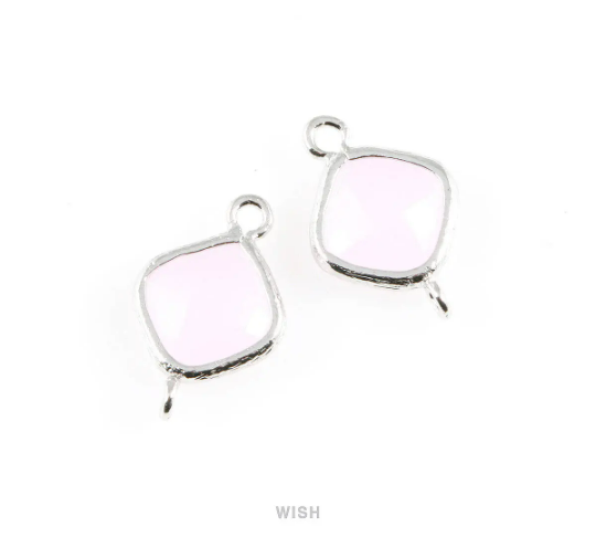 Rose Quartz Rhombus Glass Connector in Rhodium, Framed Rhombus Connector /GRQRH-021-P