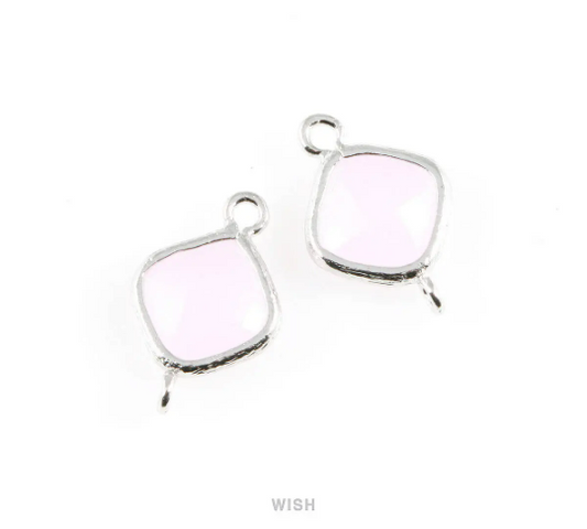 Rose Quartz Rhombus Glass Connector in Rhodium, Framed Rhombus Connector /GRQRH-021-P