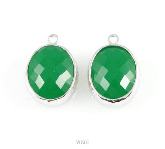 Palace Green Faceted Glass Charms in Rhodium, Framed Oval Pendant / GPGRH-009-P