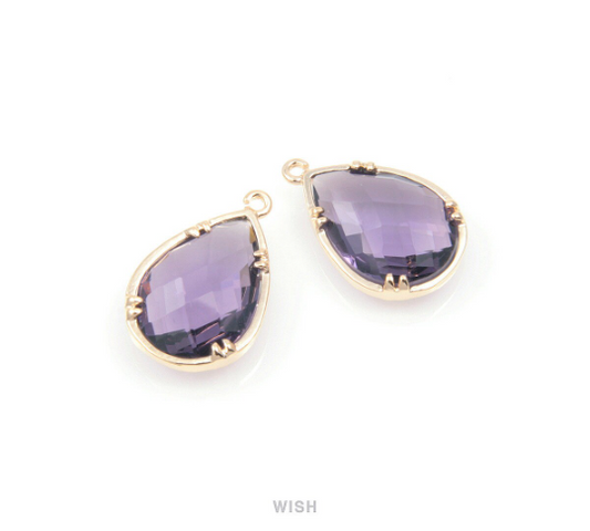 Amethyst Teardrop Glass Charm in Gold, Framed Drop Glass Gem / GTZG-092-P
