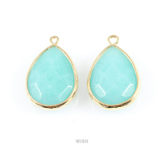 Mint Synthetic Stone Charms in Gold, Framed Teardrop Pendant / SMTG-010-P