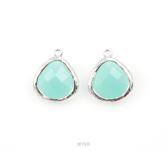 Mint Faceted Glass Drop Charm in Rhodium, Mint Charms / GMTRH-036-P