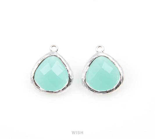 Mint Faceted Glass Drop Charm in Rhodium, Mint Charms / GMTRH-036-P