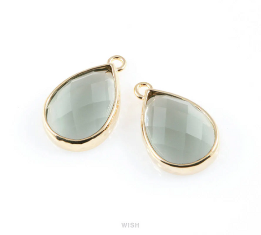 Charcoal Teardrop Glass Charm in Gold, Framed Drop Glass Gem / GCCG-037-P