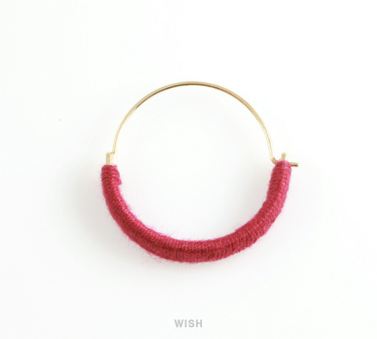 Gold Hoop Earrings and Burgundy Cotton Thread Wrapped / FBGG-019-E