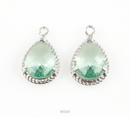 Erinite Teardrop Glass Charm in Rhodium, Framed Drop Glass Gem / GERRH-006-P