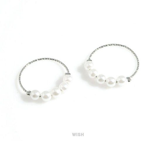 Textured Circle Ring with 5 Pearls in Rhodium, 5 Pearls Textured Circle Charm /  MRH-515-P