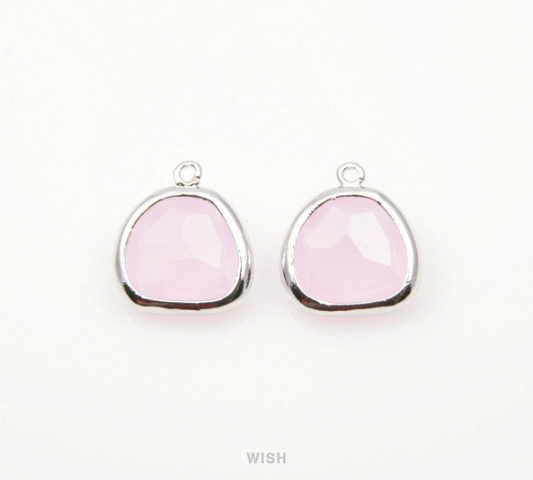 Rose Quartz Pear Glass Charm in Rhodium, Glass Framed Pendant/ GRQRH-093-P