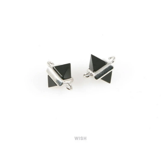 Jet Pyramid Stone Charm in Rhodium, Gemstone Framed Pendant / SJTRH-050-P