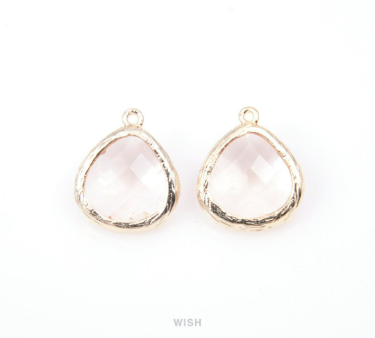 Peach Faceted Glass Drop Charm in Gold, Peach Framed Charms / GPCG-036-P