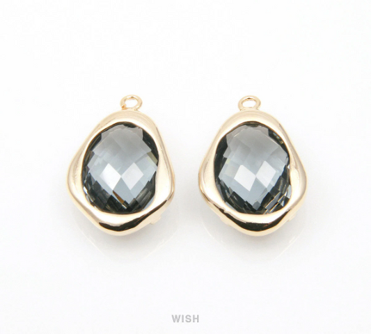 Charcoal Faceted Glass Charms in Gold, Framed Teardrop Pendant / GCCG-085-P