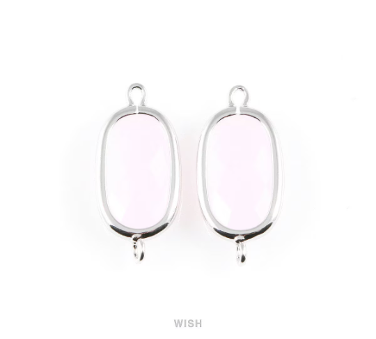 Rose Quartz Oval Glass Connector in Rhodium, Framed Oval Connector / GRQRH-035-C