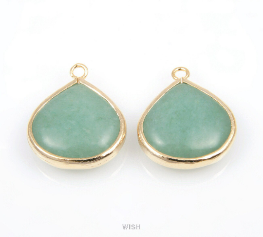 Green Aventurine Synthetic Stone Charms in Matte Gold, Framed Teardrop Pendant /SGAMG-010-P2