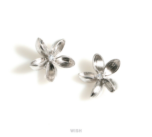 Wild Flower Charms with a Cubic Zirconia in Matte Rhodium, Silver Flower with a CZ Pendants / MMRH-708-P