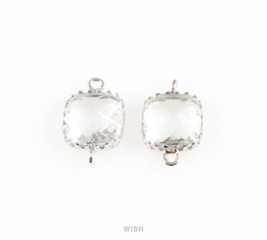 Clear Faceted Glass Connector in Rhodium, Framed Square Connector / GCLRH-007-P