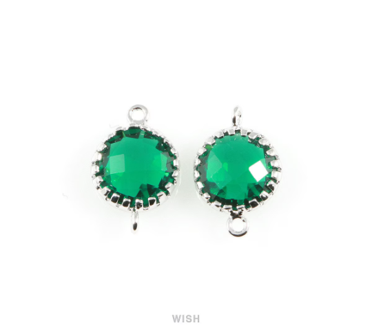 Emerald Faceted Glass Connector in Rhodium, Framed Round Connector /
