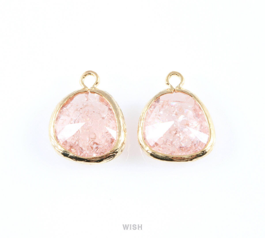Peach Sparkle Glass Charm in Gold, Framed Drop Glass Bead / GPCG-013-P