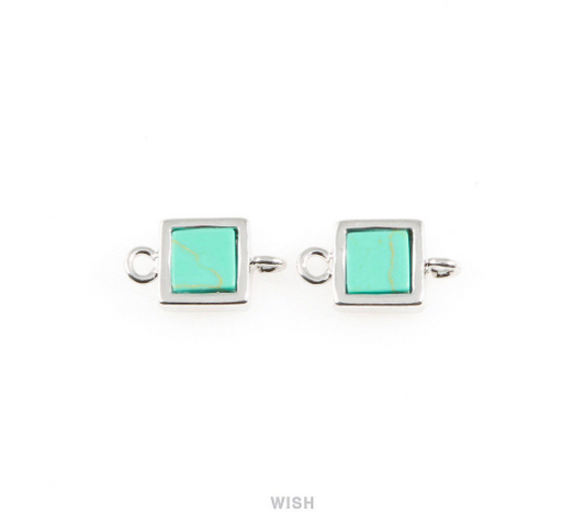 Turquoise Square Stone Charm in Rhodium, Gemstone Framed Connector / STQRH-049-C2