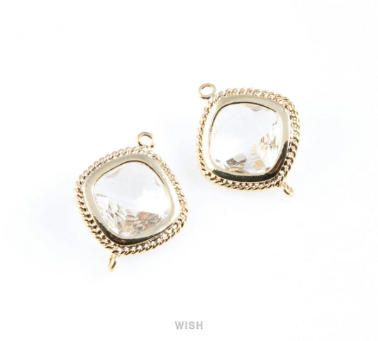 Clear Diamond Shape Connectors in Gold, Framed Diamond Charms / GCLG-033-P