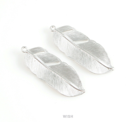 Textured Feather Pendant in Matte Rhodium, Textured Solid Feather Charm / MMRH-208-P