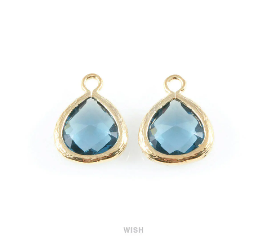 Montana Blue Faceted Glass Charm in Gold, Framed Glass Gem /GMBG-003-P (Small)