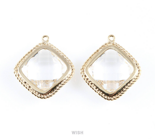 Clear Diamond Shape Pendants in Gold, Framed Diamond Charms / GCLG-032-P