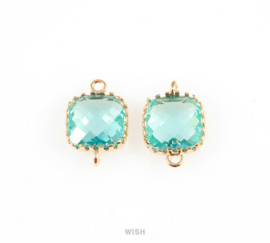 Aquamarine Faceted Glass Connector in Gold, Framed Square Connector/ GAQG-007-P
