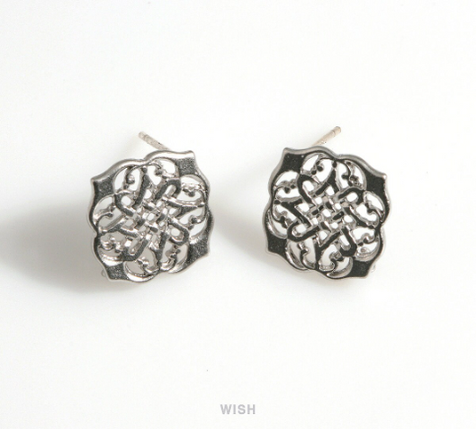 Unique Patterned Stud Earrings in Matt Rhodium, Oriental Patterned Ear Studs, Strip Woven Stud Earrings / MMRH-605-E