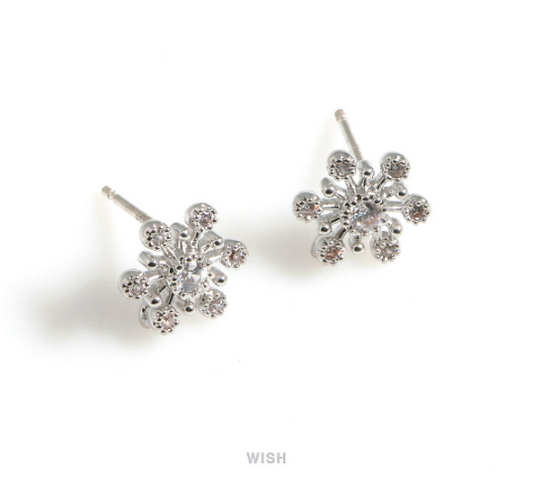 Snowflake Stud Earrings with CZ in Rhodium, CZ Snow Crystal Stud Earrings / CRH-076-E