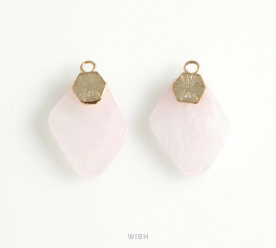 Rose Quartz Hexagon Gemstone Charm in Gold, Rose Quartz Hexagon Gemstone Pendant / SRQG-108-P