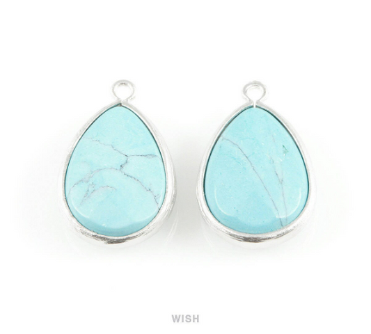 Turquoise Synthetic Stone Charms in Matte Rhodium, Framed Teardrop Pendant /STQMRH-010-P