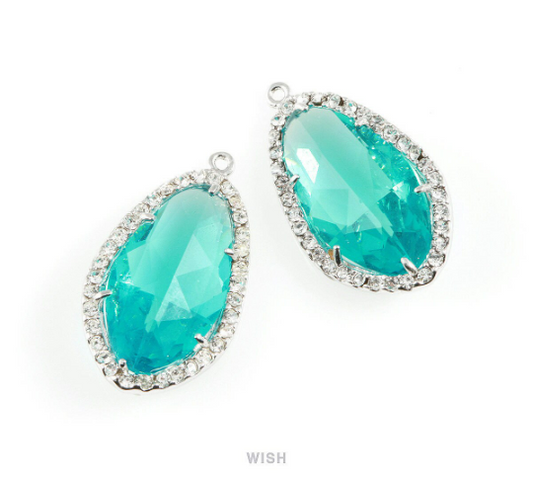 Briolette Blue Zircon Glass with Rhinestone in Rhodium, Frame Pendant /GBZRH-043-P