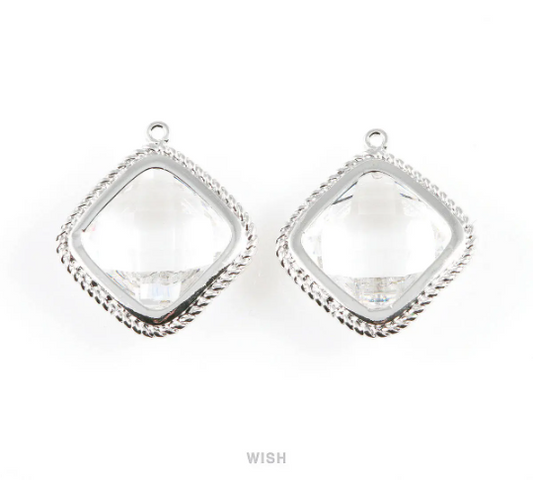 Clear Diamond Shape Pendants in Rhodium, Framed Diamond Charms / GCLRH-032-P