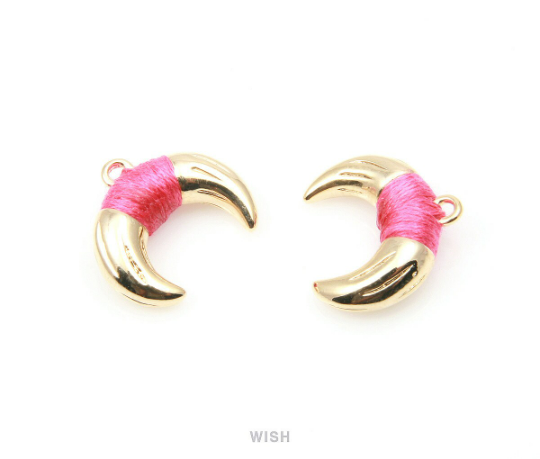 Metal Horn Pendant in Gold with Pink Strap, 16k Gold Bull's Horn Charm /MPKG-003-P (Small)