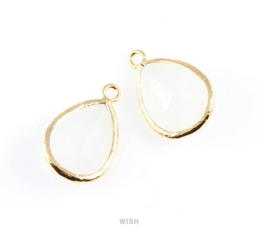 White Alabaster Teardrop Glass Charm in Gold, Framed Drop Glass Gem / GWAG-005-P