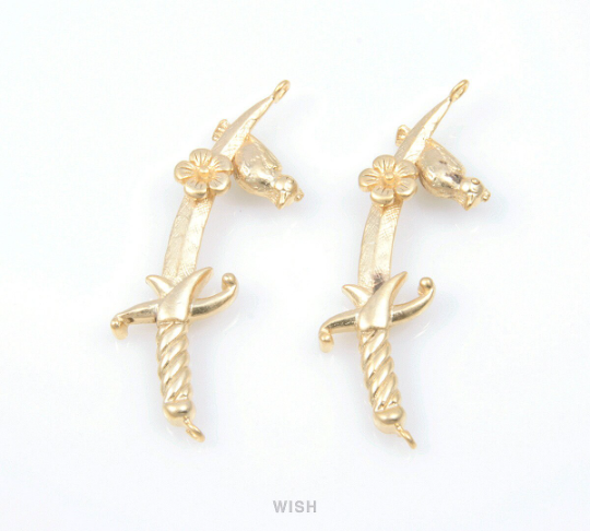 Flower and Sparrow on Sword Pendants in Matte Gold, Silver Sword Charm / MMG-346-P