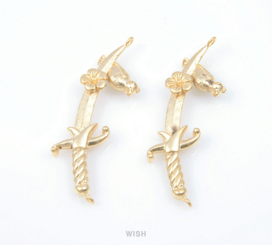 Flower and Sparrow on Sword Pendants in Matte Gold, Silver Sword Charm / MMG-346-P