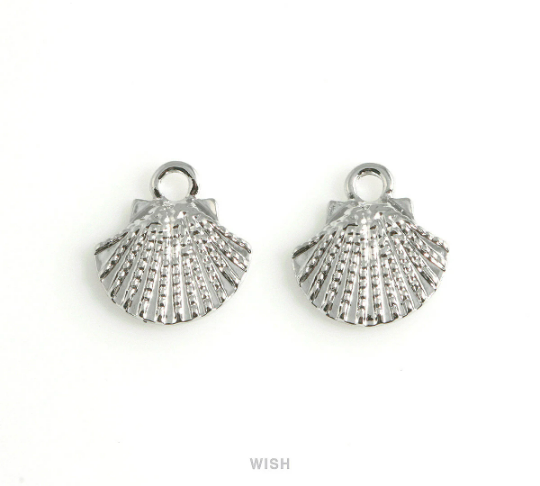 Scallop Seashell Pendant in Rhodium, Seashell Charm /MRH-446-P (10pcs)