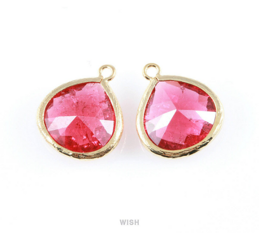 Ruby Sparkle Glass Charm in Gold, Framed Drop Glass Bead / GRBG-012-P (Large)