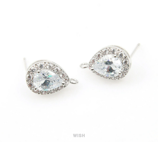 Teardrop Cubic Ear Post in Rhodium, 12 Sub Cubic Zirconia / CRH-003-E