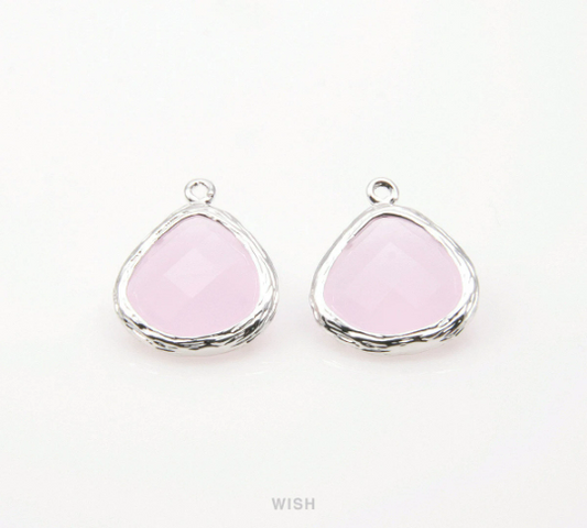 Rose Quartz Faceted Glass Drop Charm in Rhodium, Rose Quartz Charms/ GRQRH-036-P