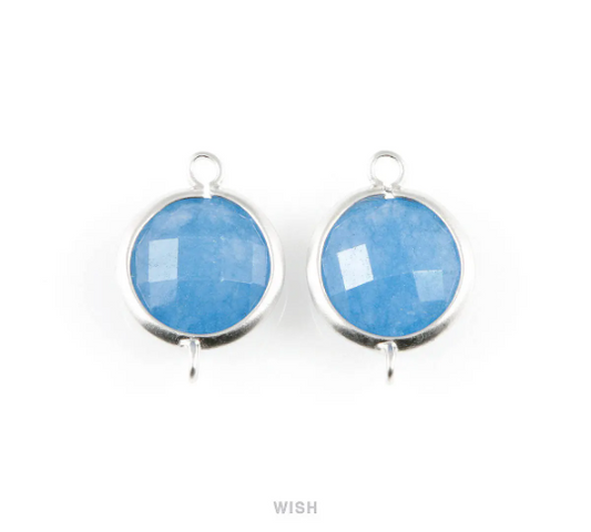 Montana Blue Faceted Stone Charms in Matte Rhodium, Framed Round Connectors / SMBMRH-028-C