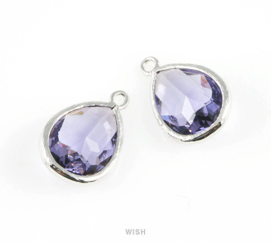 Amethyst Teardrop Glass Charm in Rhodium, Framed Drop Glass Gem /  GTZRH-005-P