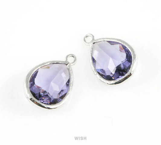 Amethyst Teardrop Glass Charm in Rhodium, Framed Drop Glass Gem /  GTZRH-005-P