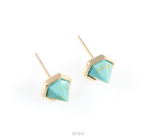 Turquoise Hexagone Stone Earrings in Gold, Gemstone Framed Ear Post / STQG-067-E