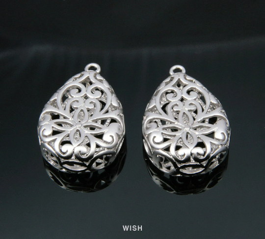 Flower in Teardrop Pendants in Matte Rhodium, Floral Teardrop Charms /MMRH-126-P