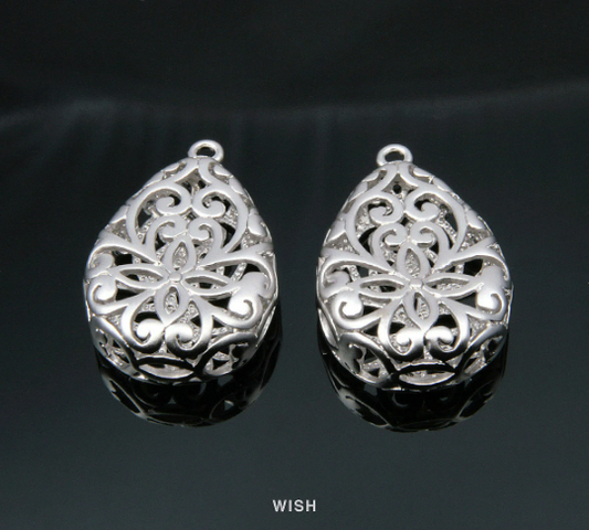 Flower in Teardrop Pendants in Matte Rhodium, Floral Teardrop Charms /MMRH-126-P